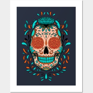 mexican sugar skull with flowers Posters and Art